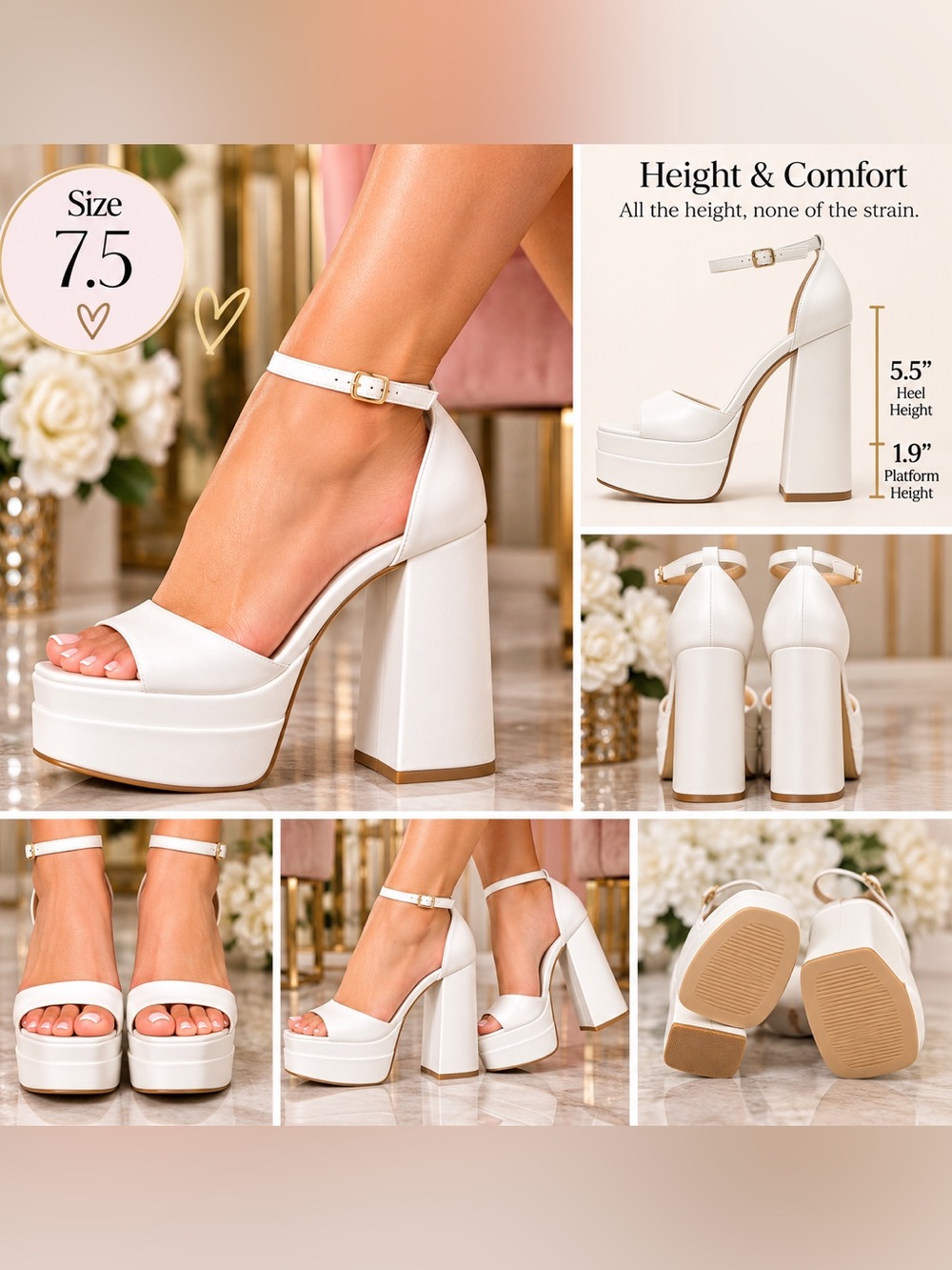 Dream Pairs White Chunky Platform Ankle-Strap Heels
